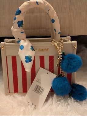 Betsey Johnson White & Red Striped Crossbody with Blue Pom Pom Charm